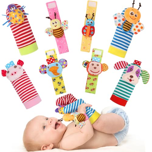 BLOOBLOOMAX Wrist Rattles Foot Finder Rattle Sock Baby Toy, Rattle Toy, Arm Hand Bracelet Rattle, Feet Leg Ankle Socks, Activity Rattle Present Gift for Newborn Infant Babies Boy Girl Bebe (8 pcs-A) - Image 1