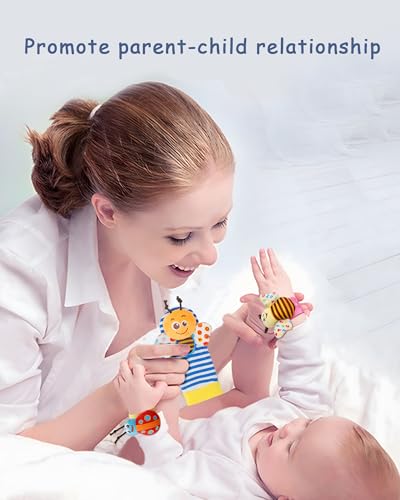 BLOOBLOOMAX Wrist Rattles Foot Finder Rattle Sock Baby Toy, Rattle Toy, Arm Hand Bracelet Rattle, Feet Leg Ankle Socks, Activity Rattle Present Gift for Newborn Infant Babies Boy Girl Bebe (8 pcs-A) - Image 4