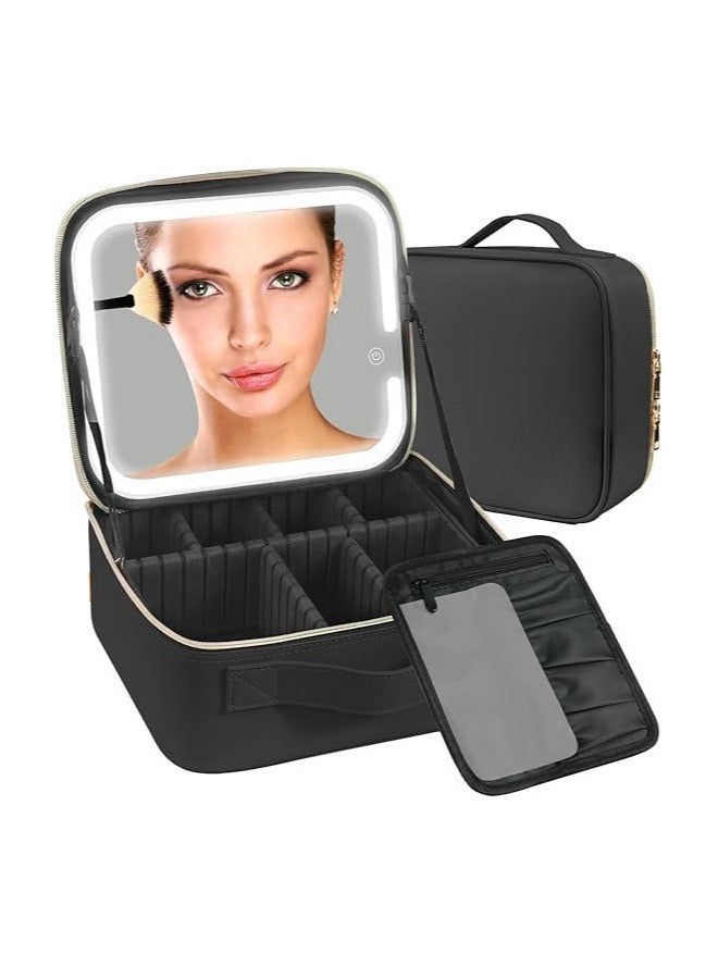 MORANO Makeup Bag with Mirror of LED Lighted , Cosmetic Bag Organizer with Adjustable Dividers (Black) - Image 1