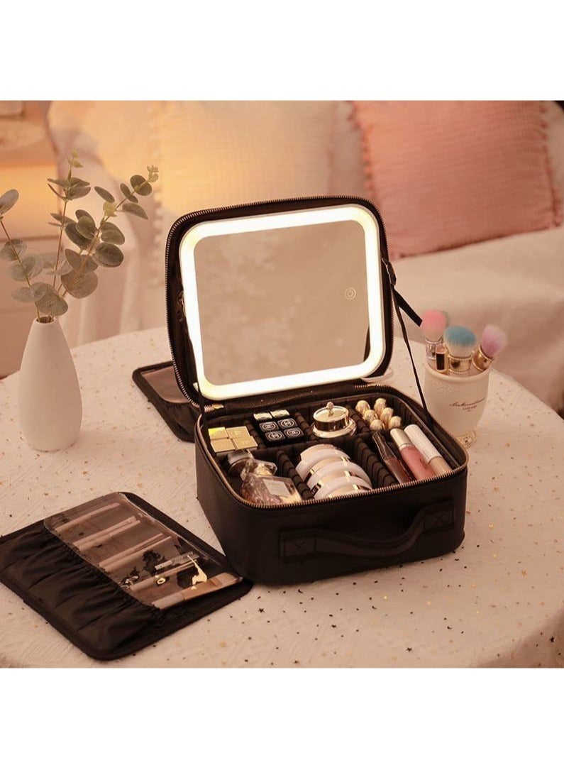 MORANO Makeup Bag with Mirror of LED Lighted , Cosmetic Bag Organizer with Adjustable Dividers (Black) - Image 2