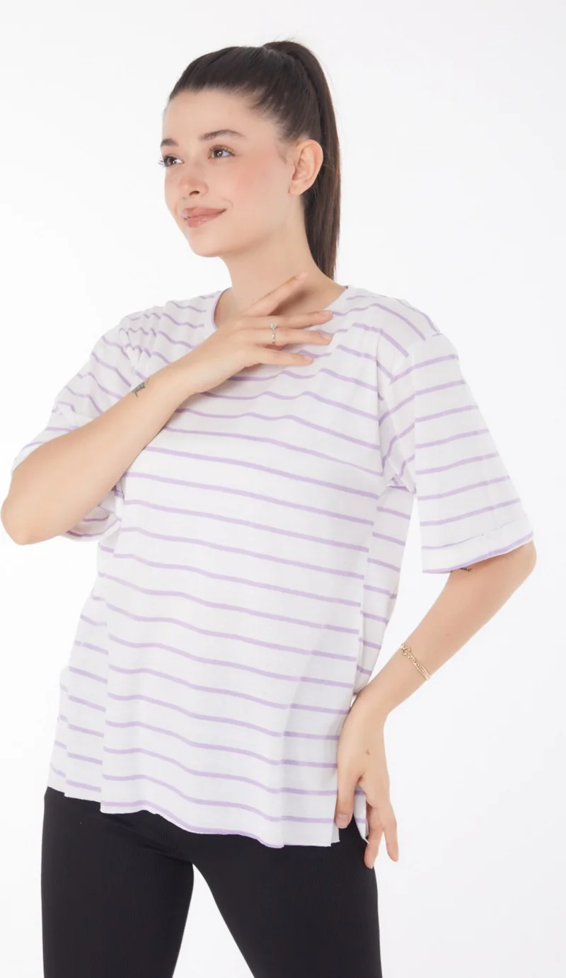 Tofisa Plain Crew Neck Women's White Striped Short Sleeve T-Shirt - 25840