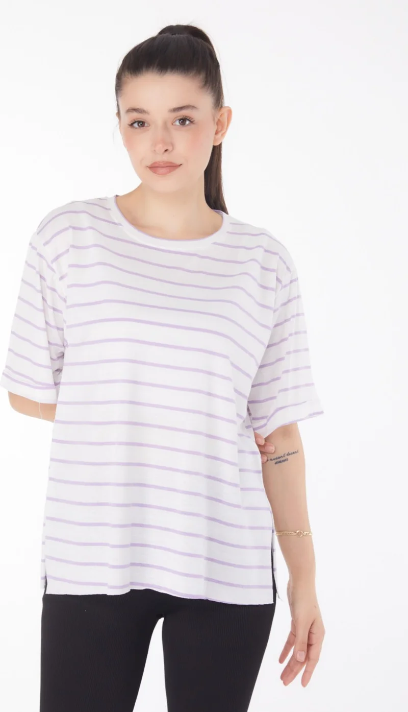 Tofisa Plain Crew Neck Women's White Striped Short Sleeve T-Shirt - 25840