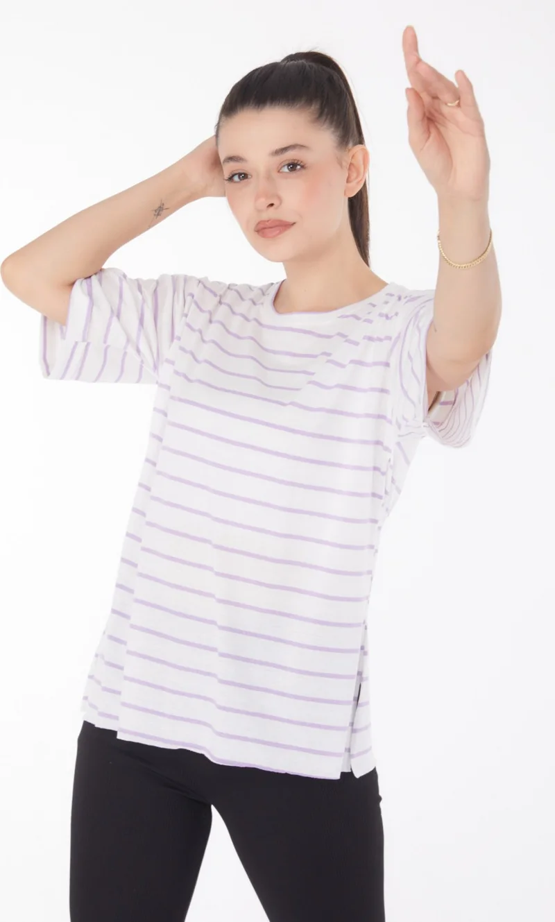 Tofisa Plain Crew Neck Women's White Striped Short Sleeve T-Shirt - 25840