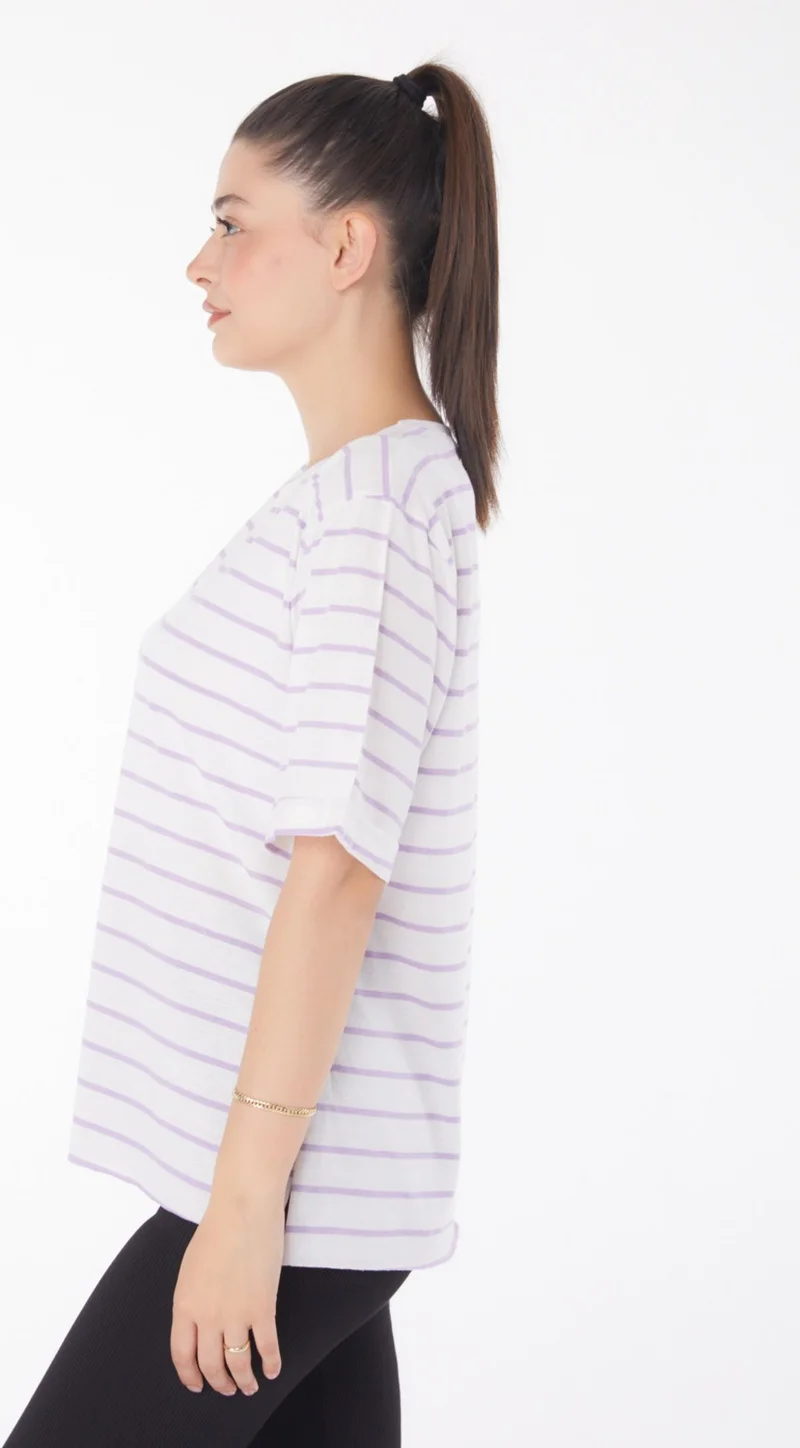 Tofisa Plain Crew Neck Women's White Striped Short Sleeve T-Shirt - 25840
