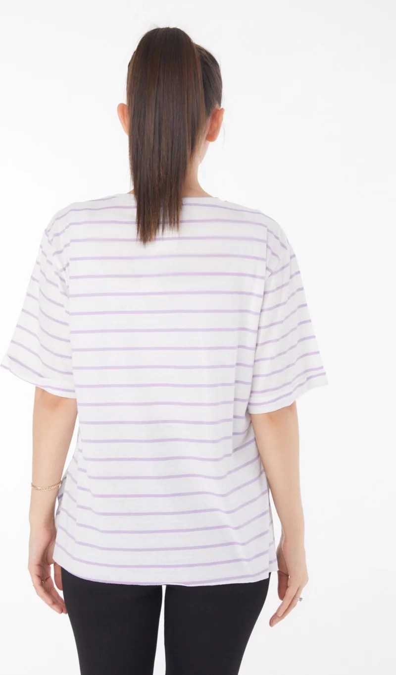 Tofisa Plain Crew Neck Women's White Striped Short Sleeve T-Shirt - 25840