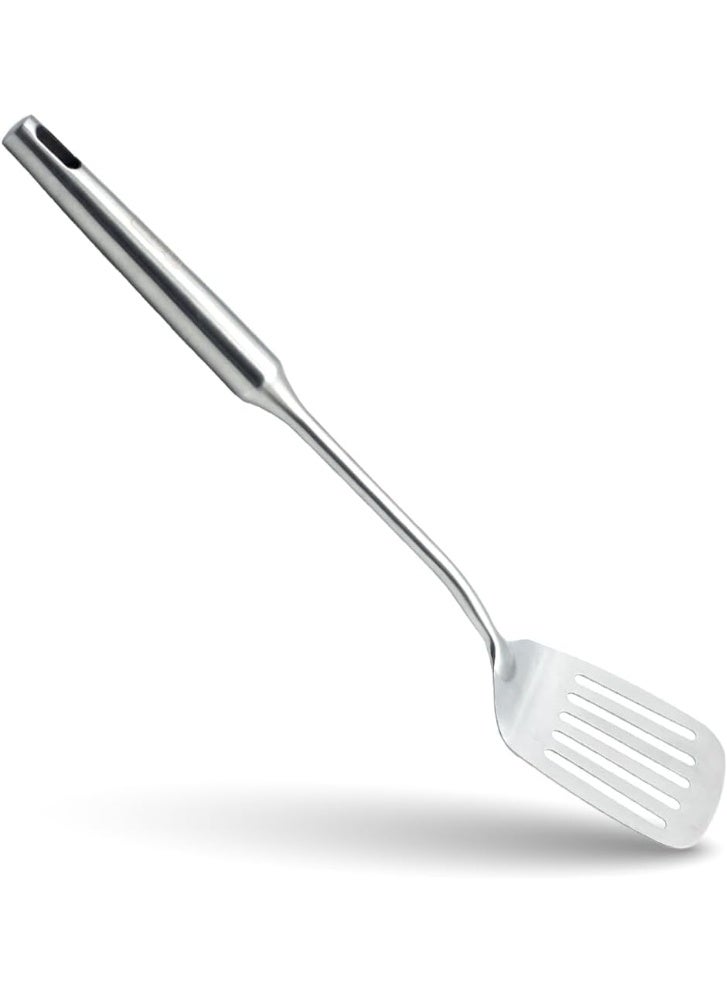 بيرام ملعقة تقليب من الستانلس ستيل بمقبض بسيط – أداة طبخ آمنة بنسبة 100٪ للطعام، spatula مطبخ بشقوق للقلي، خفيفة الوزن وصغيرة الحجم بتصميم أنيق وتشطيب مرآتي باللون الفضي - Image 1
