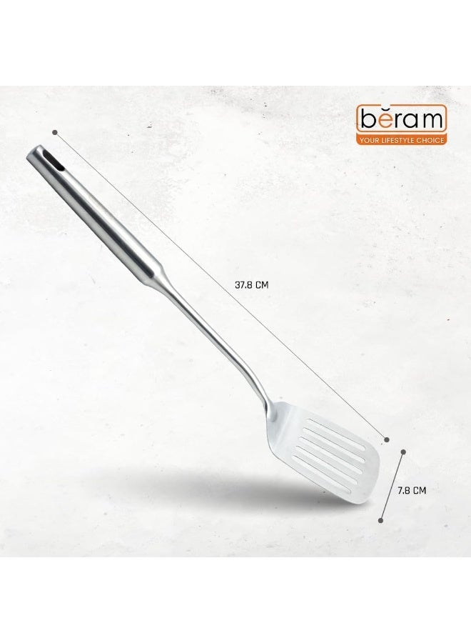 بيرام ملعقة تقليب من الستانلس ستيل بمقبض بسيط – أداة طبخ آمنة بنسبة 100٪ للطعام، spatula مطبخ بشقوق للقلي، خفيفة الوزن وصغيرة الحجم بتصميم أنيق وتشطيب مرآتي باللون الفضي - Image 2