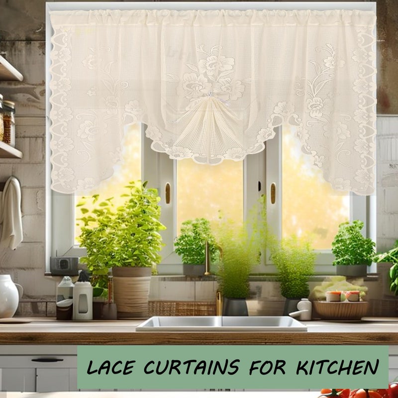Jayla Beige Semi-Sheer Floral Lace Curtain Swag for Kitchen Half Window Bathroom Decoration Rod Pocket,59 x 39 Inch, 1 Panel - Image 2