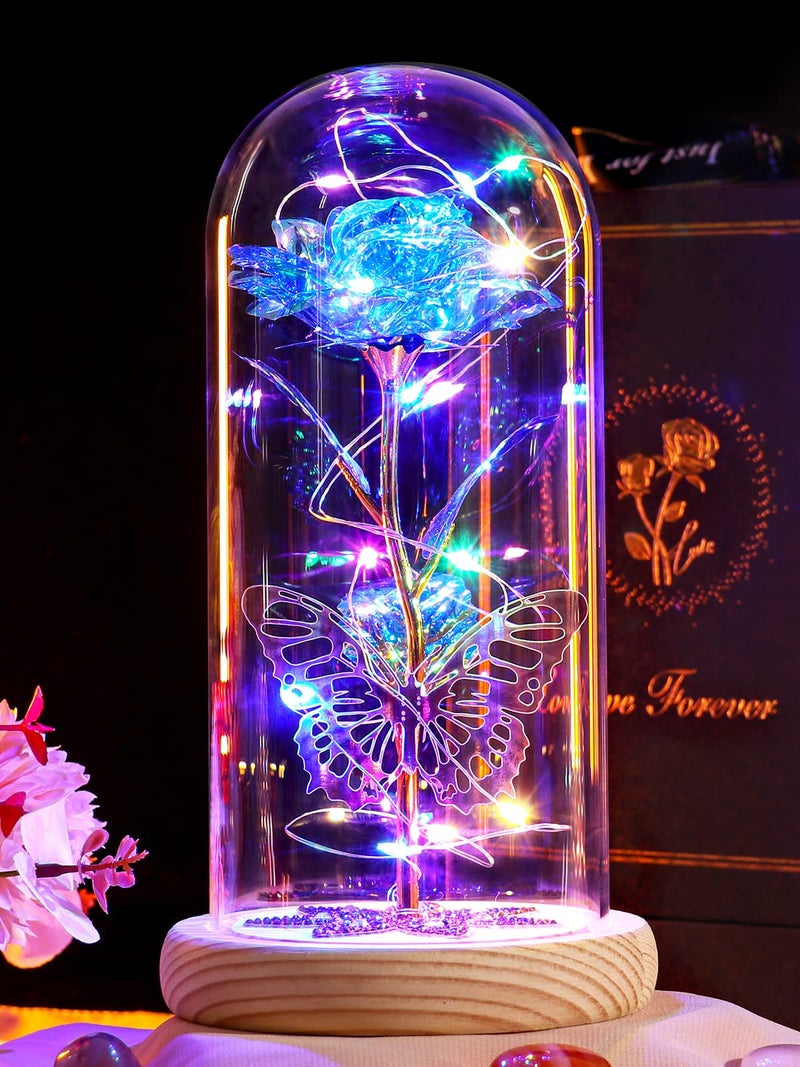 Beferr Beferr Gifts for Women Mom Birthday Gifts Galaxy Rose Eternal Colorful Rainbow Flower Gifts Light Up Rose in Glass Dome Mothers Day Rose Gifts for Grandma Daughter Wife Sister Friends Blue - Image 1