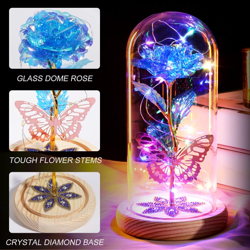 Beferr Beferr Gifts for Women Mom Birthday Gifts Galaxy Rose Eternal Colorful Rainbow Flower Gifts Light Up Rose in Glass Dome Mothers Day Rose Gifts for Grandma Daughter Wife Sister Friends Blue - Image 2