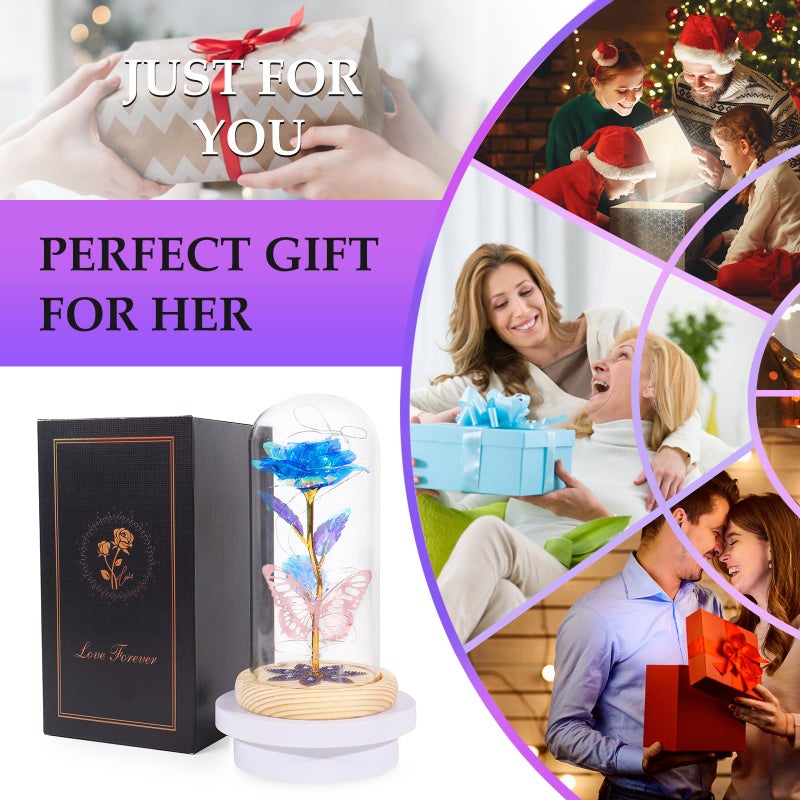 Beferr Beferr Gifts for Women Mom Birthday Gifts Galaxy Rose Eternal Colorful Rainbow Flower Gifts Light Up Rose in Glass Dome Mothers Day Rose Gifts for Grandma Daughter Wife Sister Friends Blue - Image 4