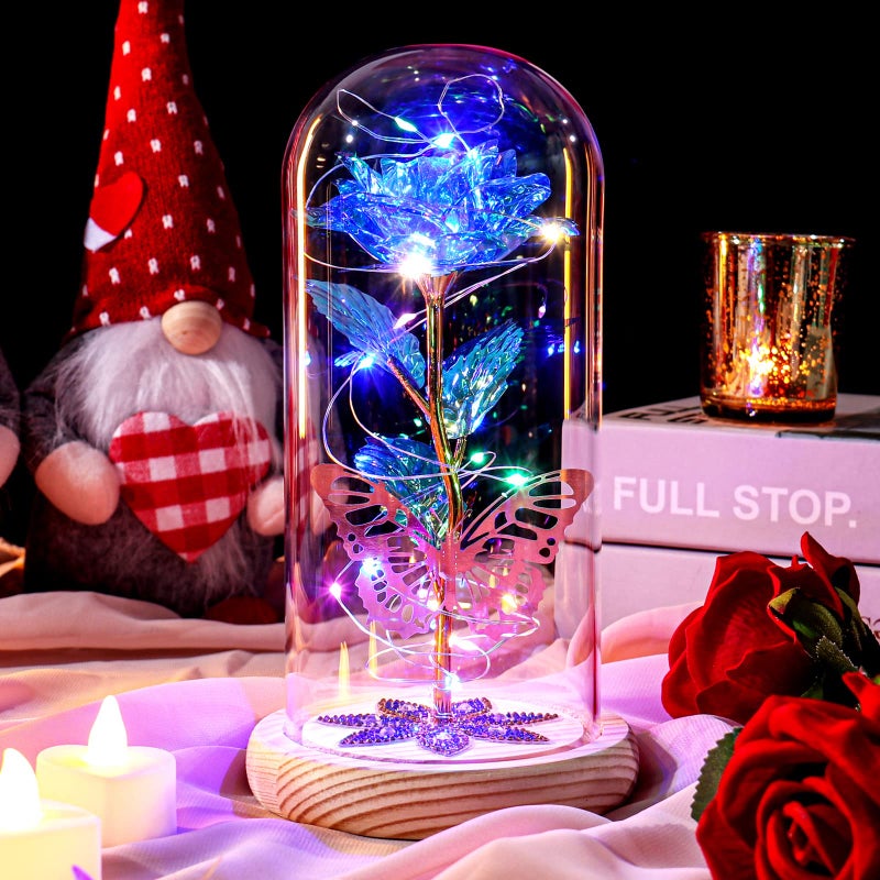 Beferr Beferr Gifts for Women Mom Birthday Gifts Galaxy Rose Eternal Colorful Rainbow Flower Gifts Light Up Rose in Glass Dome Mothers Day Rose Gifts for Grandma Daughter Wife Sister Friends Blue - Image 3