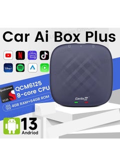 صندوق CarlinKit AI Box Android 13 ، ذاكرة وصول عشوائي (RAM) سعة 4 جيجابايت ، ذاكرة وصول عشوائي (RAM) سعة 64 جيجابايت ، معالج ثماني النواة ، واجهة سريعة تدعم Netflix ، YouTube Wireless Carplay ، Androi