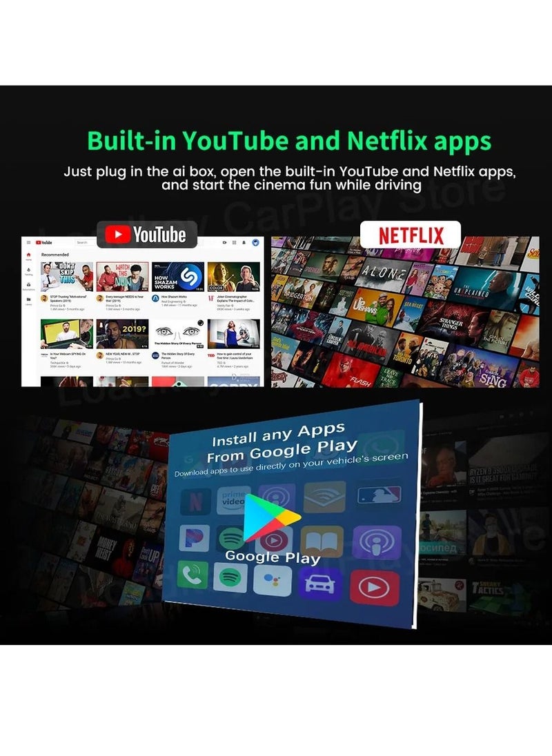 كار لينكيت - صندوق CarlinKit AI Box Android 13 ، ذاكرة وصول عشوائي (RAM) سعة 4 جيجابايت ، ذاكرة وصول عشوائي (RAM) سعة 64 جيجابايت ، معالج ثماني النواة ، واجهة سريعة تدعم Netflix ، YouTube Wireless Carplay ، Androi - Image 1