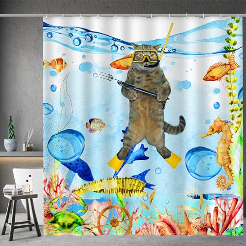 Aimego Funny Cat Shower Curtains for Bathroom - Sea Ocean Animal Underwater Tropical Fish Coral Seahorse Fun Bath Shower Curtain Set with 12 Hooks for Adults Kids Bathroom Decor Accessories, 72"x72" - Image 1