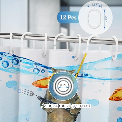 Aimego Funny Cat Shower Curtains for Bathroom - Sea Ocean Animal Underwater Tropical Fish Coral Seahorse Fun Bath Shower Curtain Set with 12 Hooks for Adults Kids Bathroom Decor Accessories, 72"x72" - Image 3