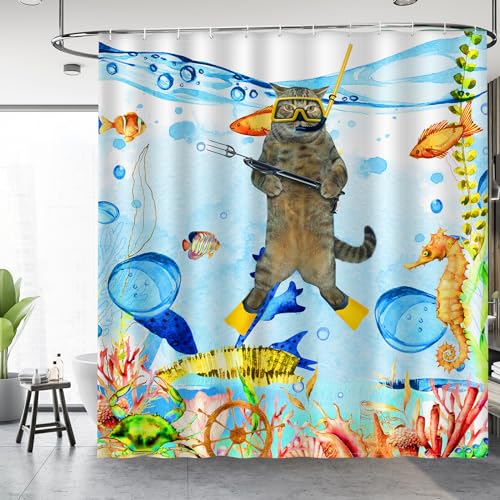 Aimego Funny Cat Shower Curtains for Bathroom - Sea Ocean Animal Underwater Tropical Fish Coral Seahorse Fun Bath Shower Curtain Set with 12 Hooks for Adults Kids Bathroom Decor Accessories, 72"x72" - Image 2