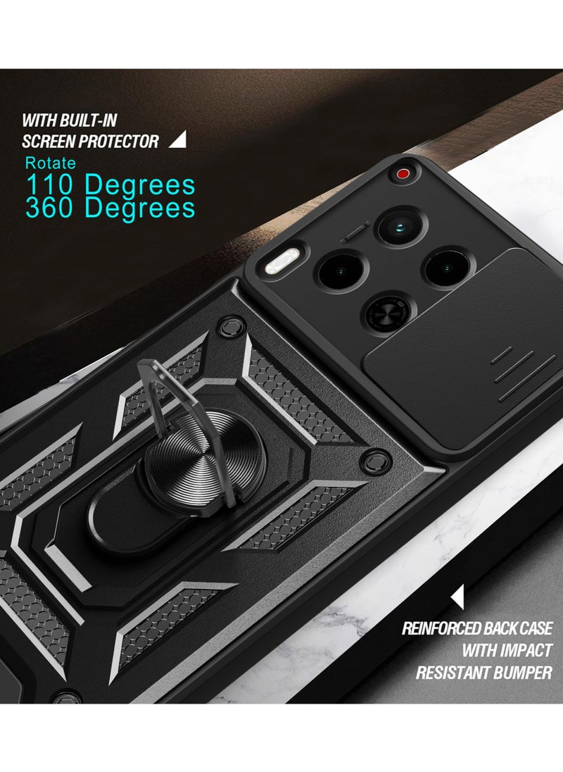 Case Cover for TECNO Camon 30 5G Case Cover, Slide Camera Lens Cover + 360°Rotating Kickstand Ring + Support Magnetic Car Mount Shockproof Mobile Phone Case For TECNO Camon 30 5G, Black