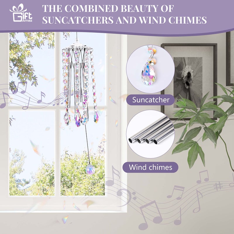 GiftAmaz Crystal Suncatcher Wind Chimes with 4 Tuned Tubes, Hanging Prism Rainbow Maker Chandelier Crystal Pendant Wind Chime Window Hanging Ornament Gift for Women Friends Home Garden Decor Birthday - Image 2