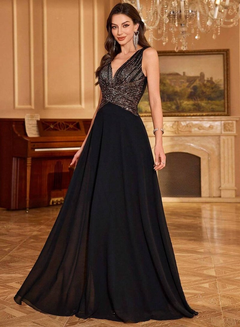 Women V-neck Sequin Chiffon Party Dress ,Elegant Evening Dress,Formal Dress  - Image 5