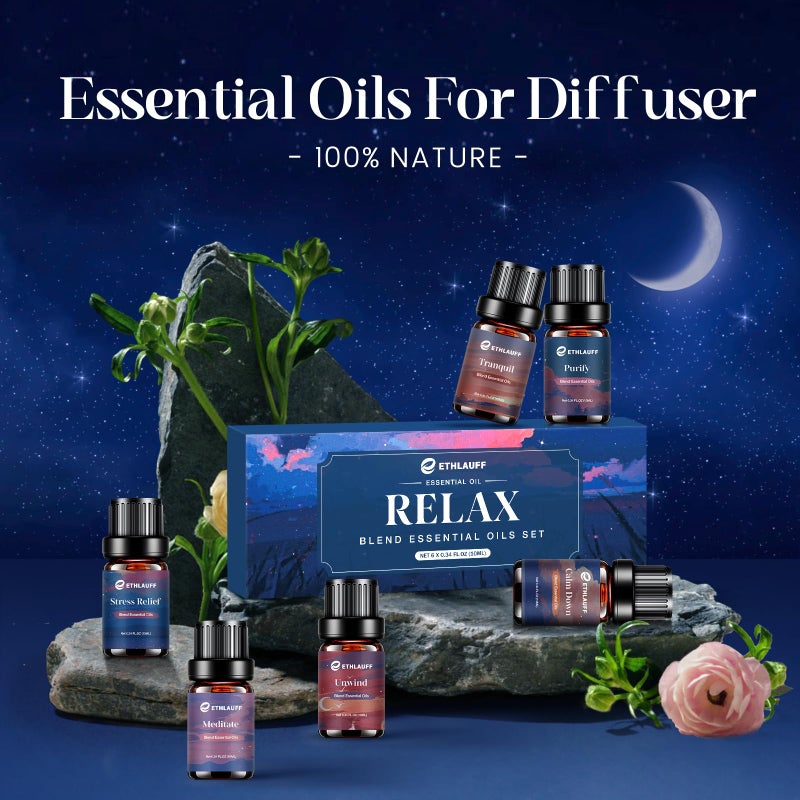 Ethlauff Relax Eessential Oils Set, Diffuser Oil for Home, Humidifiers, Candle Making, Aromatherapy - Stress Relief, Calm Down, Tranquil, Meditate, Unwind, Purify, 6x10ml - Image 2