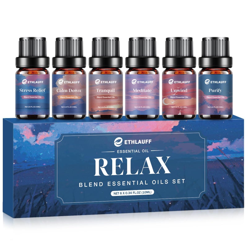 Ethlauff Relax Eessential Oils Set, Diffuser Oil for Home, Humidifiers, Candle Making, Aromatherapy - Stress Relief, Calm Down, Tranquil, Meditate, Unwind, Purify, 6x10ml - Image 1