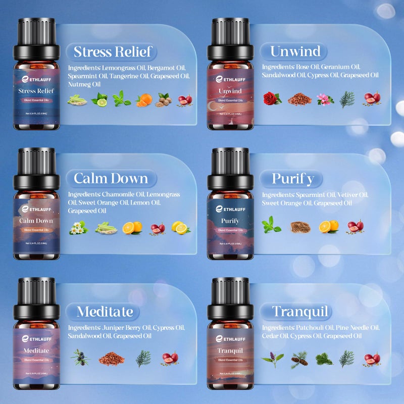 Ethlauff Relax Eessential Oils Set, Diffuser Oil for Home, Humidifiers, Candle Making, Aromatherapy - Stress Relief, Calm Down, Tranquil, Meditate, Unwind, Purify, 6x10ml - Image 5