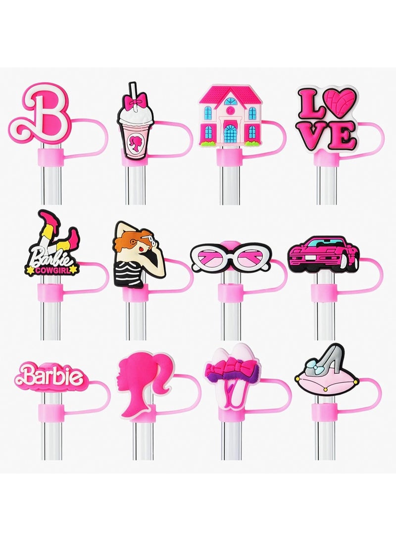 12 Pack Fashion Pink Barbie Style Straw Covers Straw Caps 10mm Diameter Straw Decoration Dust-proof Straw Caps - Image 1