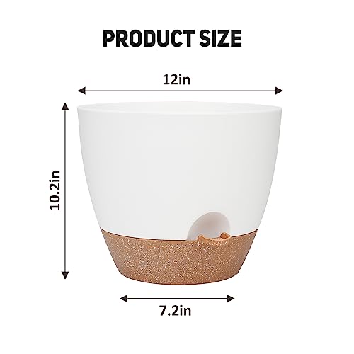 YNNICO 12 Inch Large Self Watering Plant Pot Set, Flower Pots with Multi-Mesh Drainage Holes and Saucer, Suitable for Indoor and Outdoor Garden Plants, White. - Image 4
