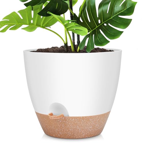 YNNICO 12 Inch Large Self Watering Plant Pot Set, Flower Pots with Multi-Mesh Drainage Holes and Saucer, Suitable for Indoor and Outdoor Garden Plants, White. - Image 1