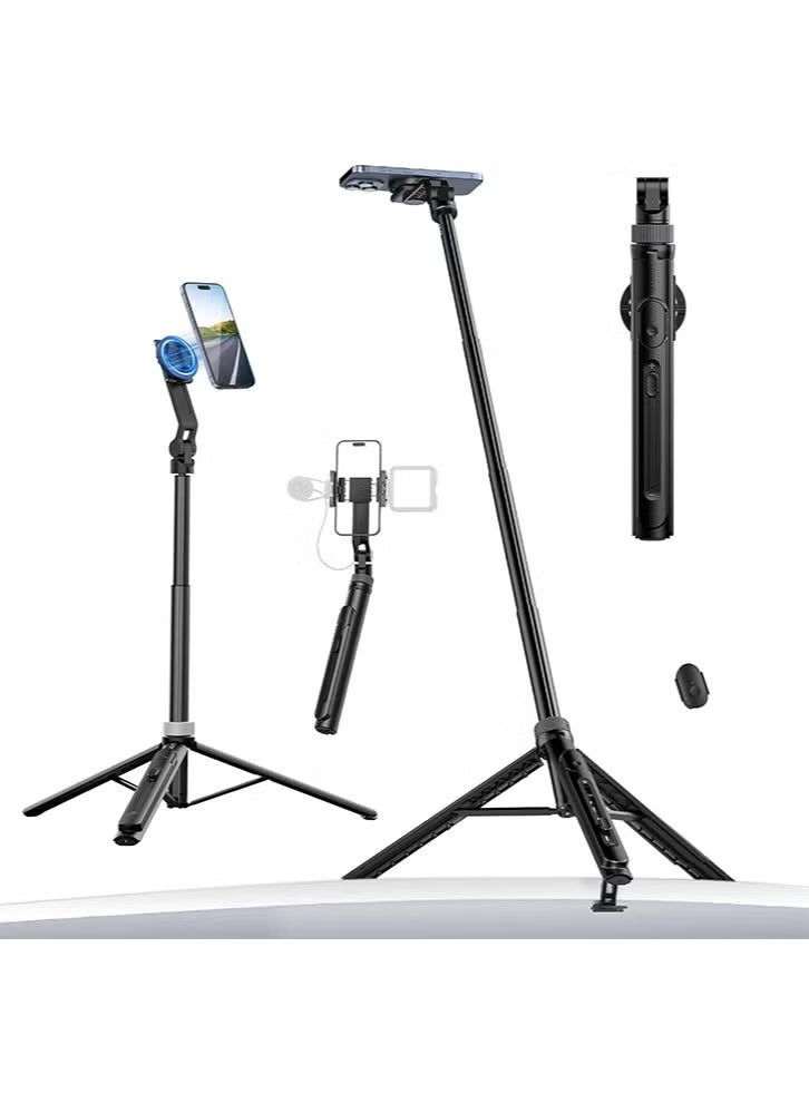 ULANZI TT88 Magnetic Tripod for iPhone, 57" Extendable Selfie Stick with Remote, 2-in-1 Phone Clip & Dual Cold Shoe Mounts - Lightweight Phone Tripod Stand for Vlogging, Travel, Video Recording, Black