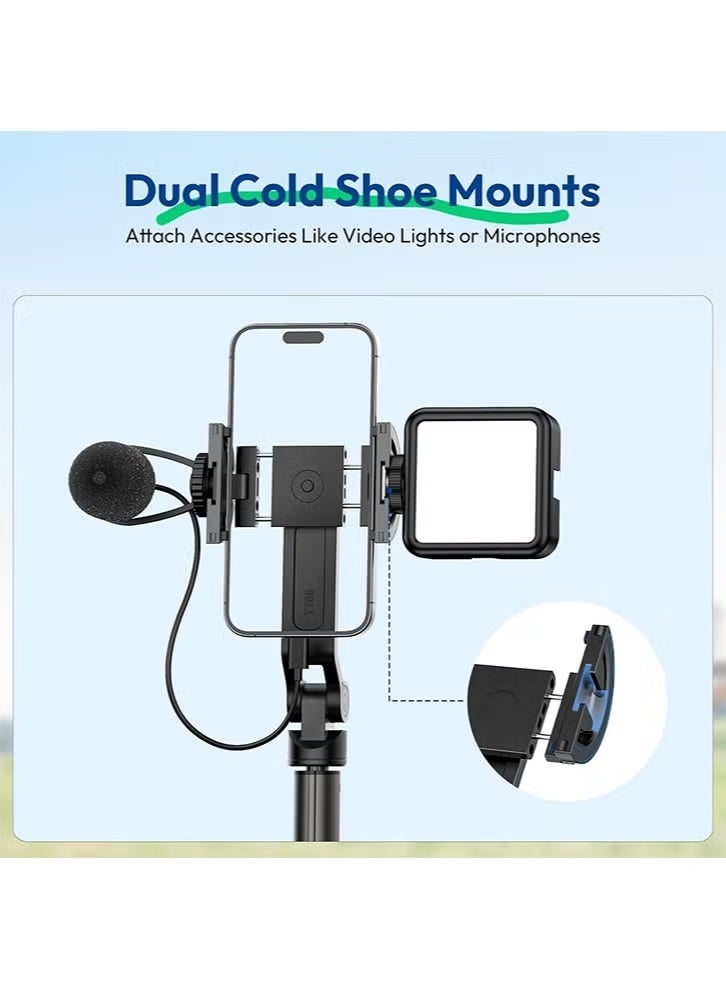 ULANZI TT88 Magnetic Tripod for iPhone, 57" Extendable Selfie Stick with Remote, 2-in-1 Phone Clip & Dual Cold Shoe Mounts - Lightweight Phone Tripod Stand for Vlogging, Travel, Video Recording, Black - Image 2