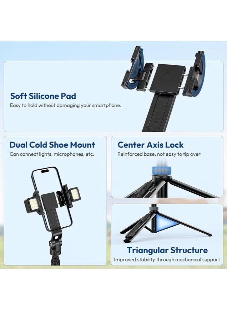ULANZI TT88 Magnetic Tripod for iPhone, 57" Extendable Selfie Stick with Remote, 2-in-1 Phone Clip & Dual Cold Shoe Mounts - Lightweight Phone Tripod Stand for Vlogging, Travel, Video Recording, Black - Image 4