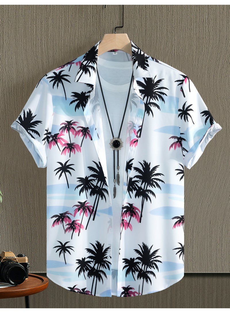 payanwin Men's Hawaiian Short Sleeve Button Down Shirt, White Tropical Palm Tree Print Beach Shirt, Casual Summer Vacation Resort Top for Men - Image 2