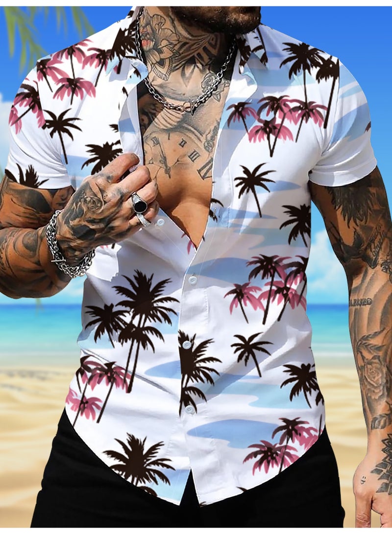 payanwin Men's Hawaiian Short Sleeve Button Down Shirt, White Tropical Palm Tree Print Beach Shirt, Casual Summer Vacation Resort Top for Men - Image 1