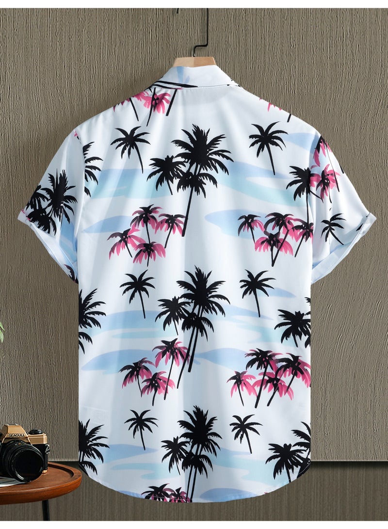 payanwin Men's Hawaiian Short Sleeve Button Down Shirt, White Tropical Palm Tree Print Beach Shirt, Casual Summer Vacation Resort Top for Men - Image 3