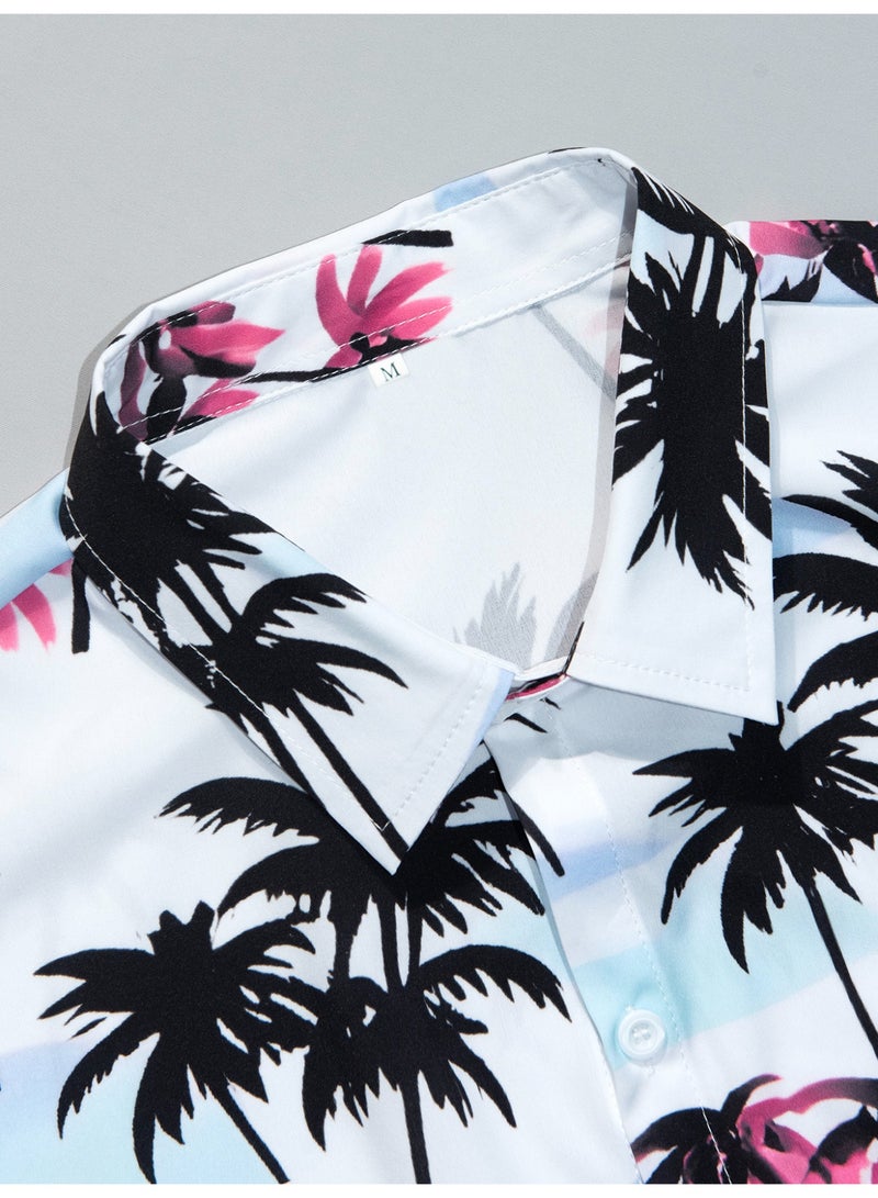 payanwin Men's Hawaiian Short Sleeve Button Down Shirt, White Tropical Palm Tree Print Beach Shirt, Casual Summer Vacation Resort Top for Men - Image 5