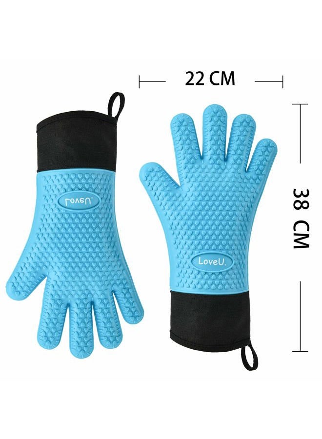 Loveuing Kitchen Oven Gloves - Silicone and Cotton Double-Layer Heat Resistant Oven Mitts/BBQ Gloves/Grill Gloves - Perfect for Baking and Grilling (XL-XXXL, Blue) - Image 2