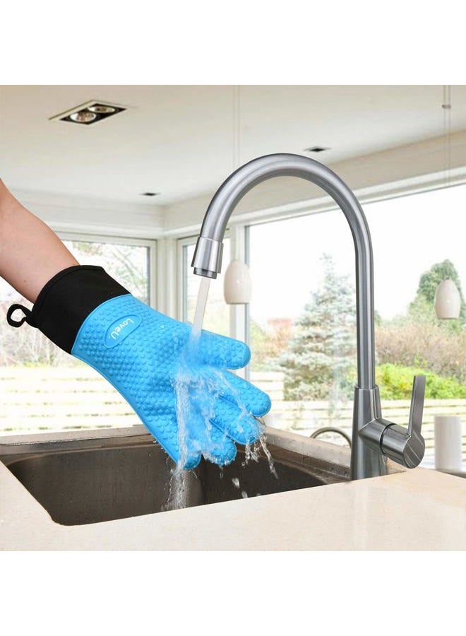 Loveuing Kitchen Oven Gloves - Silicone and Cotton Double-Layer Heat Resistant Oven Mitts/BBQ Gloves/Grill Gloves - Perfect for Baking and Grilling (XL-XXXL, Blue) - Image 5