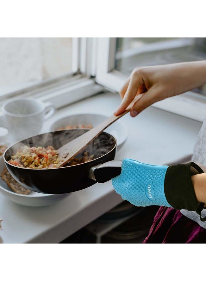 Loveuing Kitchen Oven Gloves - Silicone and Cotton Double-Layer Heat Resistant Oven Mitts/BBQ Gloves/Grill Gloves - Perfect for Baking and Grilling (XL-XXXL, Blue) - Image 4