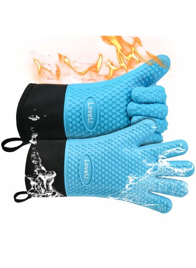 Loveuing Kitchen Oven Gloves - Silicone and Cotton Double-Layer Heat Resistant Oven Mitts/BBQ Gloves/Grill Gloves - Perfect for Baking and Grilling (XL-XXXL, Blue) - Image 1