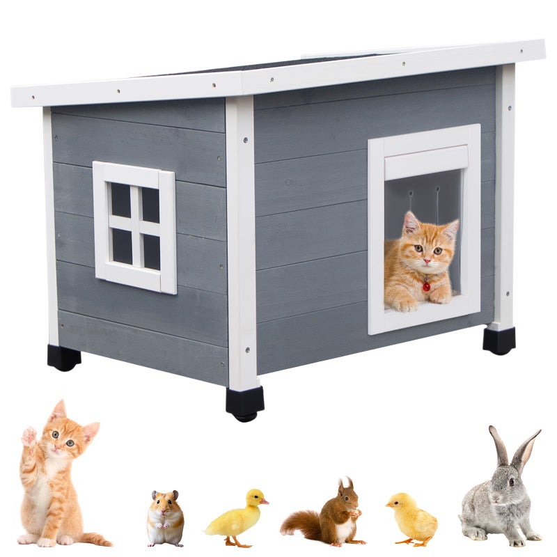 Agitree Outdoor Wooden Pet House, Weatherproof Winter Shelter for Ñ€uÑ€Ñ€y and Cats, Elevated Design with Window (Gray) - Image 1
