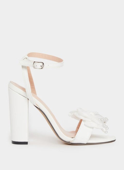 Embellished Bow Pearl Detail Block Heel Sandals