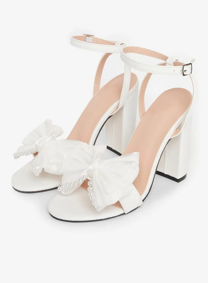 Take Two Embellished Bow Pearl Detail Block Heel Sandals