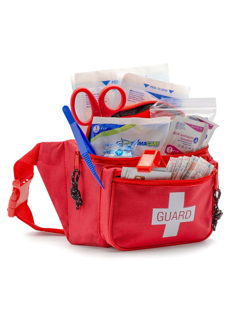 PRIMACARE Primacare KB-8005 First Aid Fanny Pack, 8x2x6 Stocked with 75 Pieces Emergency Medical Supplies, Lifeguard Waist Travel Bag with 3 Pockets, Red 