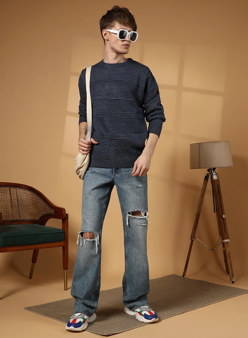 Campus Sutra Men's Prussian Blue Textured-Knit Pullover Sweater