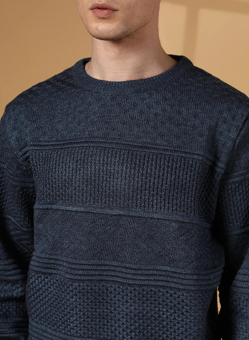 Campus Sutra Men's Prussian Blue Textured-Knit Pullover Sweater