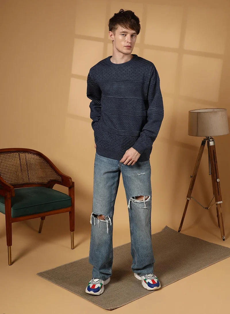 Campus Sutra Men's Prussian Blue Textured-Knit Pullover Sweater