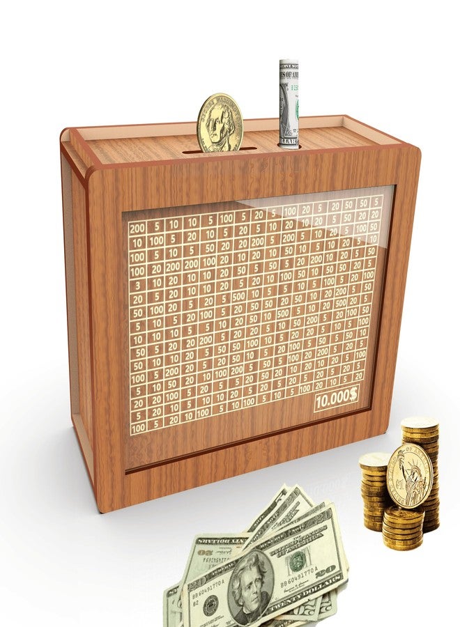 CYANLUX Piggy Bank for Adults Kids, Wooden Mony Bank Cash Vault Money Saving Box with Counter $10000 Savings Challenge Money Bank with Money Target and Numbers (Brown $10000) - Image 1