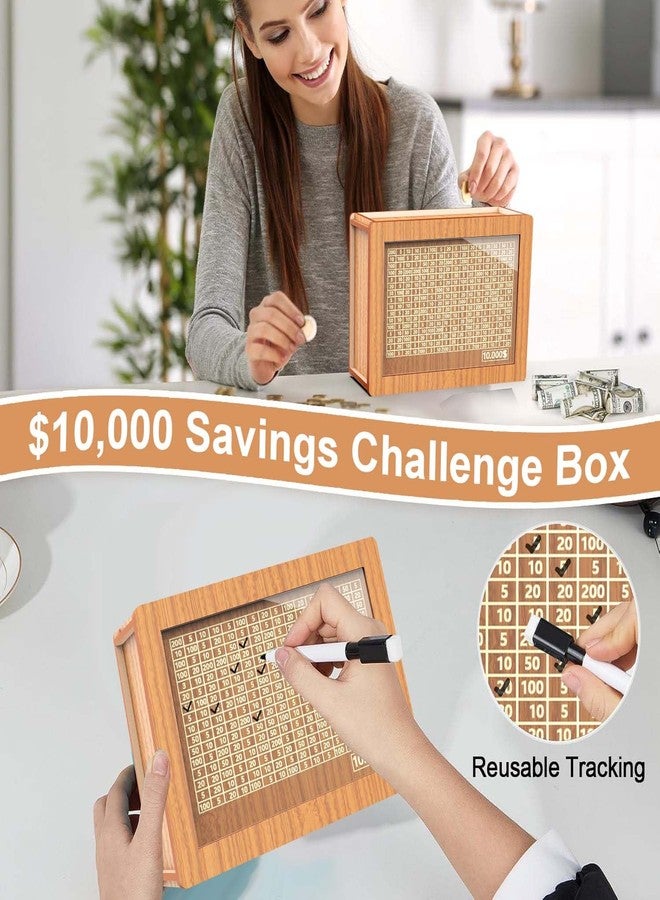 CYANLUX Piggy Bank for Adults Kids, Wooden Mony Bank Cash Vault Money Saving Box with Counter $10000 Savings Challenge Money Bank with Money Target and Numbers (Brown $10000) - Image 3